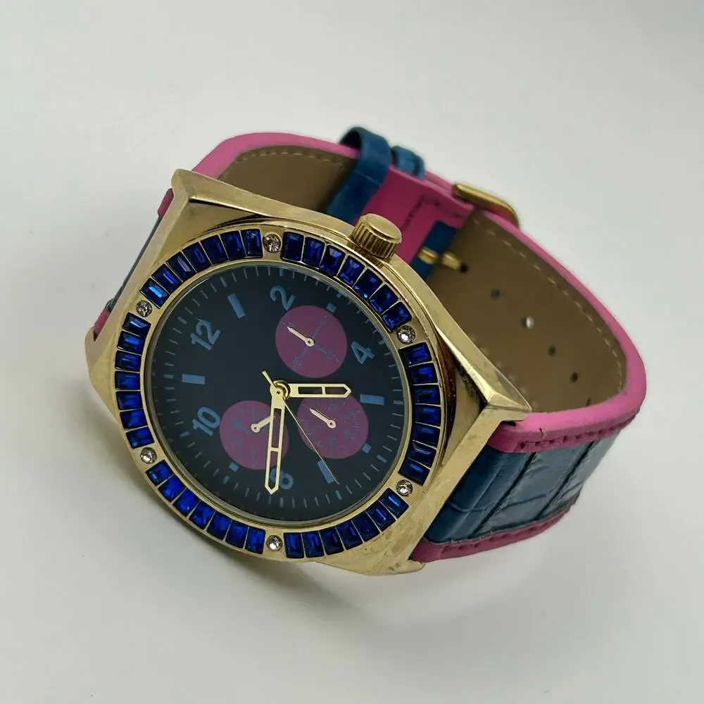 Adrienne Gold Blue Crystal Bezel Pink Blue Leather Working New Battery - Picture 4 of 8